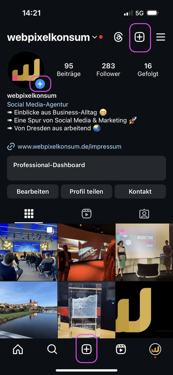 Dieses Bild zeigt den 1. Schritt zum Erstellen von einem Instagram-Post im Business-Account.